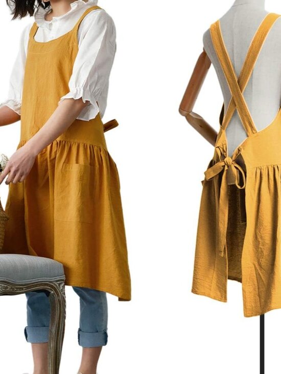 Other - Cotton Linen Cross Back Apron for Women with Pockets for Painting Gardening Yell